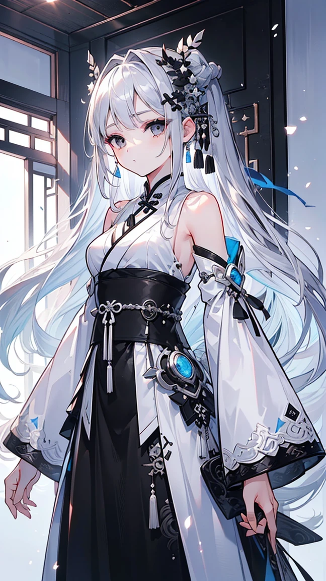 (Best image quality)、(Super detailed)、(Positive)、Best Quality、masterpiece、(((1 girl)))、Silver Hair、Gray Hair、((Long Hair))、(Black Eyes:1.6)、(Hanfu)