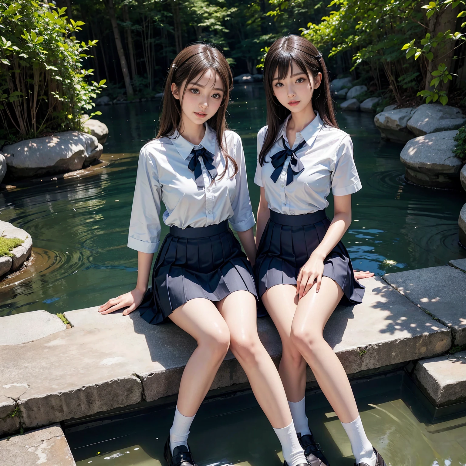 Multiple girl, 6+girls,  imouto, slim, slender, petite, beautiful detailed eyes, beautiful detailed lips, extremely detailed face, long eyelashes, collared shirt, sailor collar, pleated skirt, seirafuku, socks, loafers, photorealistic, realistic clothes, extremely detailed clothes, masterpiece, 8k, hyper detailed, cinematic lighting, vivid colors, intricate background, natural setting natural lighting, smiling, 