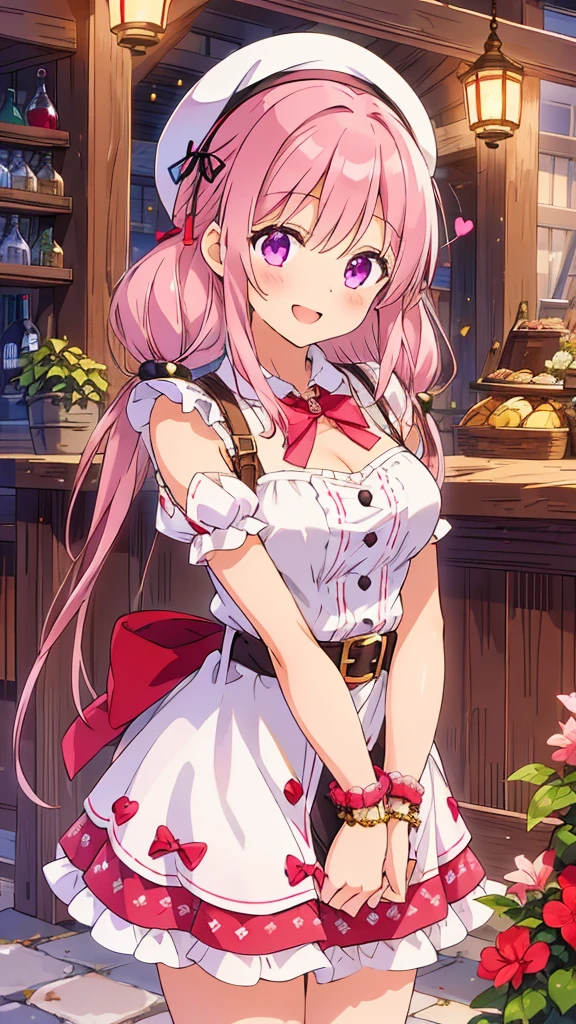 ((8k, Highest quality, masterpiece: 1.3)),Ultra-high resolution,(1 girl, alone), Highly detailed dark purple eyes, Highly detailed face, 
Inside a rustic, cozy tavern illuminated by warm lantern light, a lively anime-style girl stands alone. She has light pink hair styled into twintails, which curl slightly at the ends, giving her a playful and energetic look. She wears a red beret with fluffy white pompoms, matching the festive and cute elements of her outfit. Her attire is predominantly pink, with accents of white and black, decorated with heart motifs and gold armor elements, such as her shoulder guard and belt buckle. A heart-shaped cutout on her top adds a charming detail, emphasizing her vibrant personality.
The girl seems cheerful, perhaps chatting to herself or lost in thought, as she leans slightly against the wooden counter. Around her, the tavern is filled with charming details: wooden barrels, shelves stocked with various bottles and goods, and hanging plants that contribute to the medieval, market-town atmosphere. The quietness of the scene, with just the girl present, creates a peaceful yet vibrant moment, capturing the charm of solitude in an otherwise lively place.