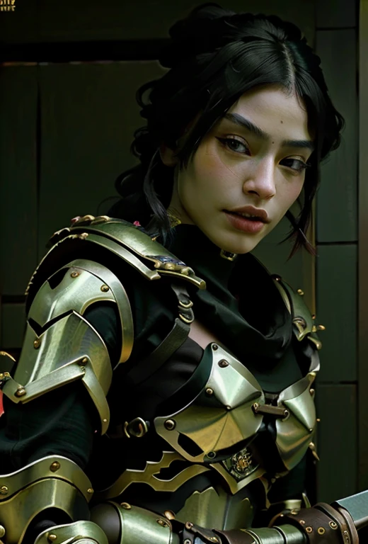 a beautiful and detailed close up portrait of a female warrior, intricate cyberpunk samurai costume, ornate and intricate armor outfit, gorgeous armored bikini, exotic and stunning armor, detailed techwear and armor, holding a sword, loba andrade from apex legends, extremely detailed and realistic, cinematic lighting, highly detailed, 8k, photorealistic, hyper detailed, masterpiece, digital art, trending on cgsociety