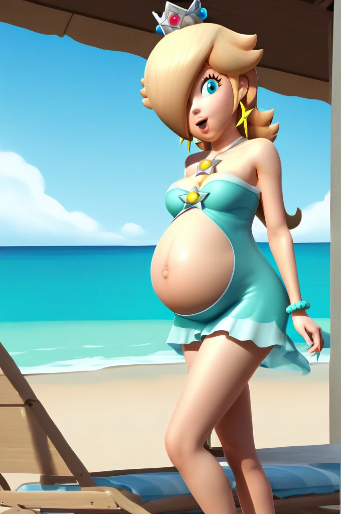 score_9, score_8_up, 1girl, solo, rosalina, style parody, thick outlines, bikini, Maternity dress, panties, pregnant belly, big belly, sleeveless, strapless, cleavage, indoors, beach, happy, showing his belly,