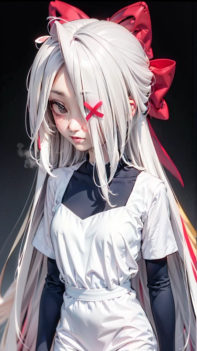 Vaggie, 1 , gray skin, white hair, pink eyes, yellow pupils, long hair, white dress, pink and white striped socks, Hair bow, long gloves, perfect anatomy, Alone