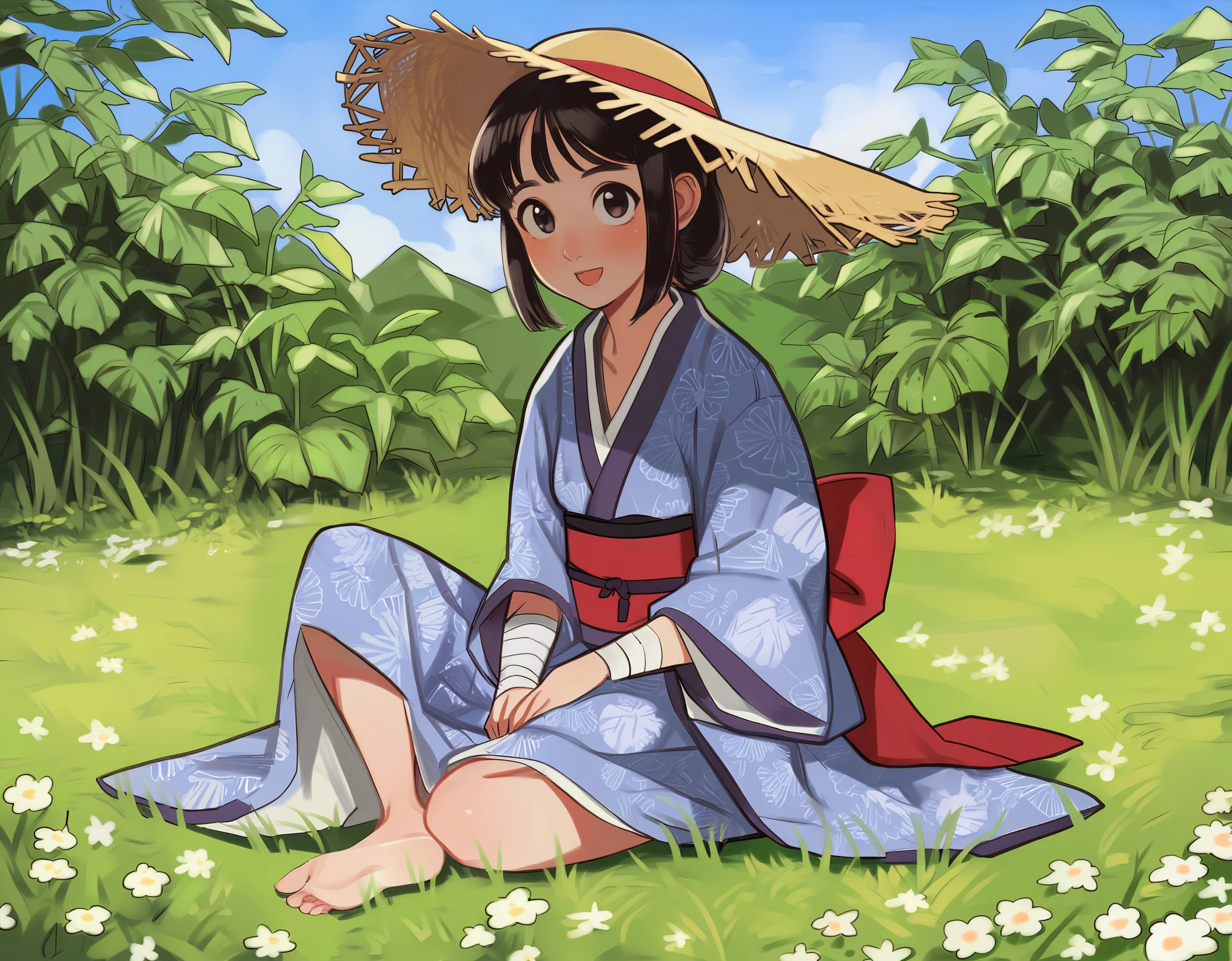 score_9, score_8_up, score_7_up, BREAK by mossacannibalis, Masterpiece, 1girl, torso shot, monochome, greyscale, Samurai aesthetic, 1girl, sitting on grass, farmland background, Straw hat, bandaged forearms, bandaged chest, traditional Japanese Kimono, cute, peaceful, lovely, amazing
