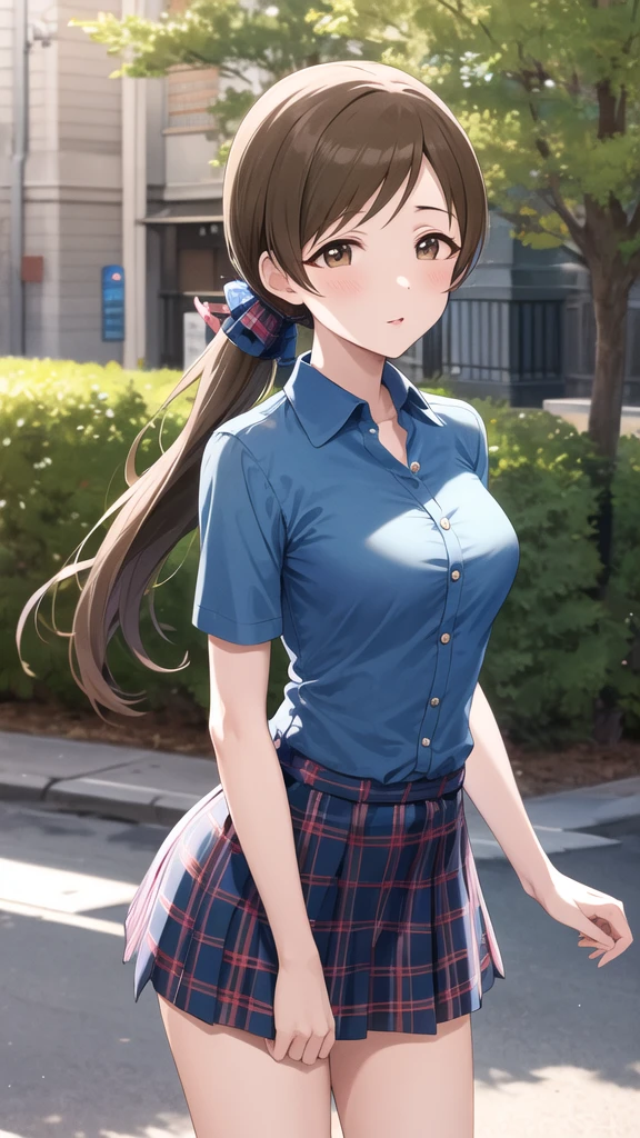 masterpiece, best quality, highres, aanitta, very long hair, long hair, low ponytail, medium breasts, blue shirt, short sleeves, collared shirt, plaid skirt, miniskirt, idolmaster, standing, cowboy shot, outdoors,