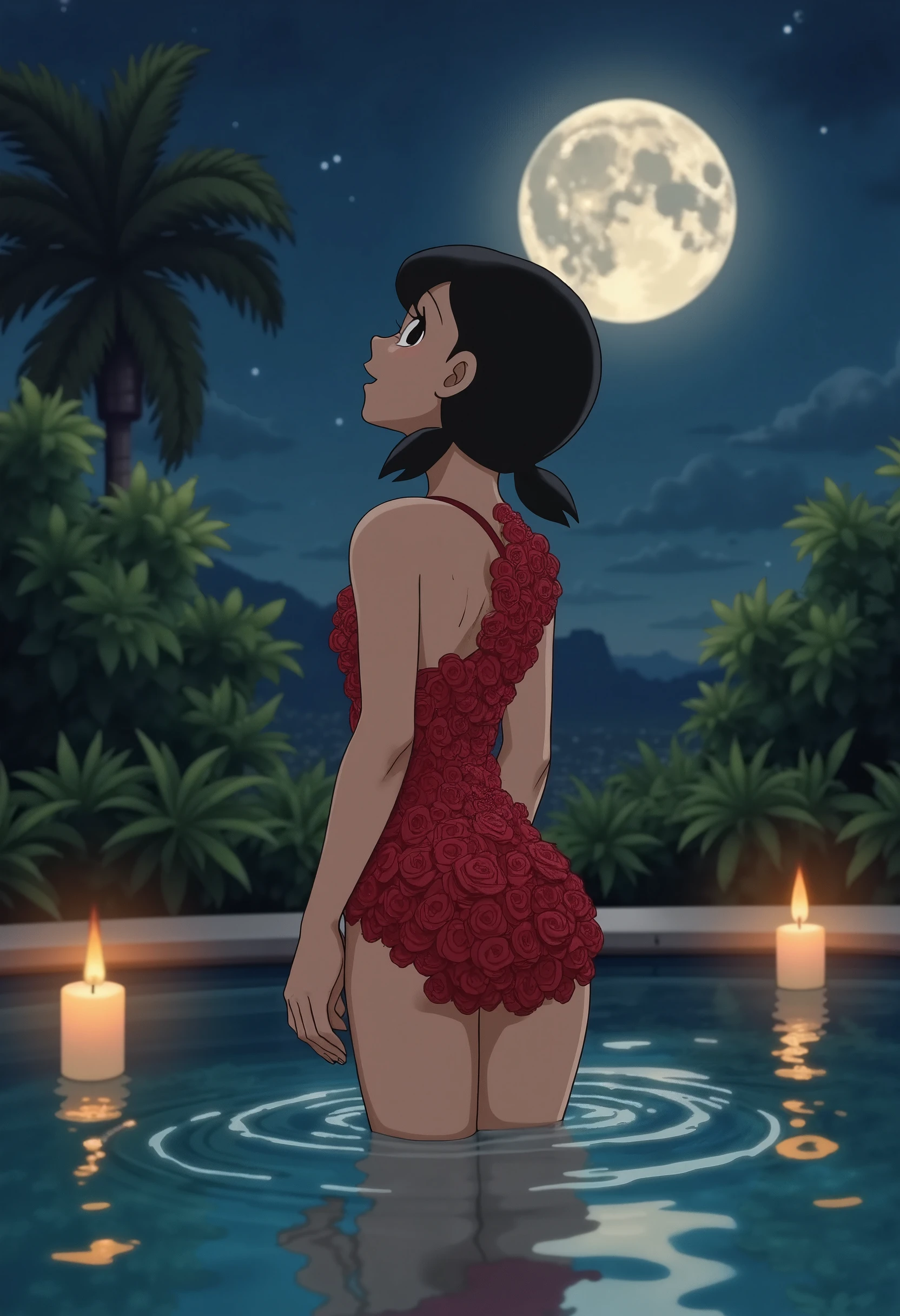 A woman standing in a pool at night, with a swimsuit made entirely of red rose petals, Each petal delicately arranged along its body. Moonlight reflects on the water and candles float nearby, creating a serene and romantic atmosphere. The front view highlights the intricate design of the petals as she looks up at the moon