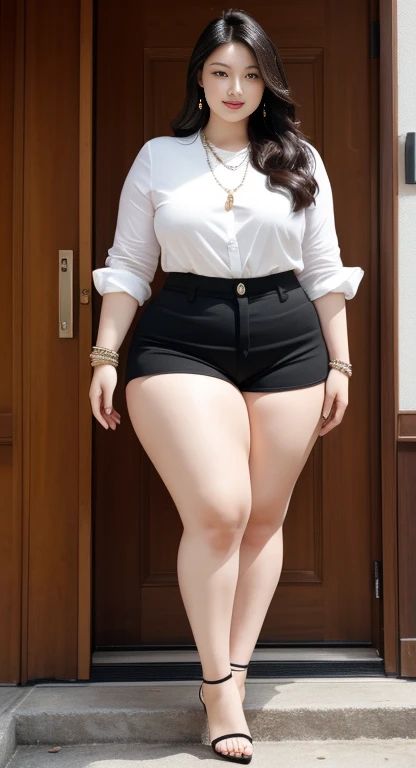 (8K, best quality, masterpiece, Golden Ratio Composition,:1.3), (40-year-old plump woman), (Obese body), (Thick thighs), (穿着Black pantyhose,), (Wearing cheongsam:1.2), (Huge breasts), (Big thick legs), (Short jeans), Soft face line, Gentle and beautiful, (Silver short hair), Black pantyhose,