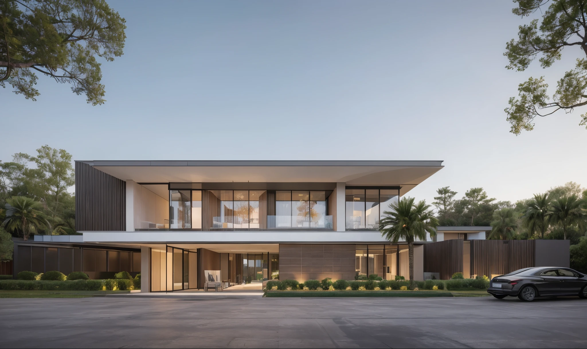 RAW photo, Exterior of two story white modern house, road, ((sidewalk)), ((sidewalk trees)), residences area, dawn time, Sunrise, overcast, tropical trees and plants, (high detailed:1.2), 8k uhd, dslr, soft lighting, high quality,