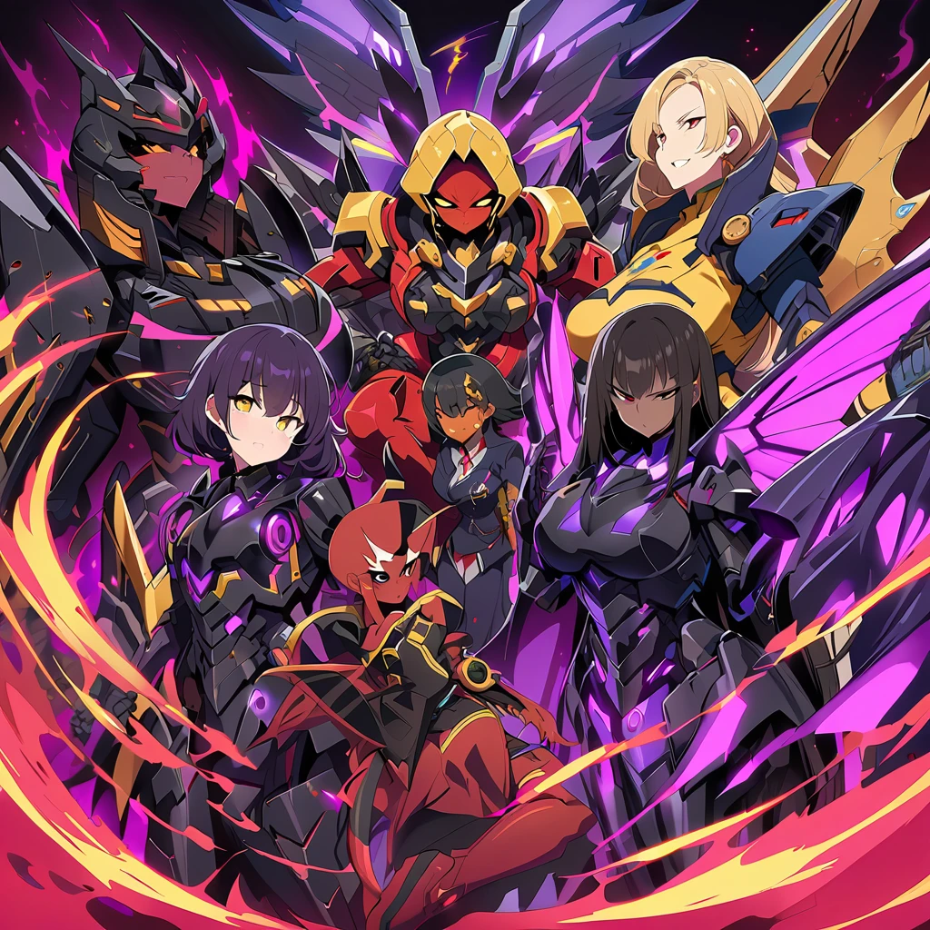 Anime, high detailed, multiple womans, mature womans, dark Ebony mecha armor, large mechanical wings, evil grin, large clawed Gauntlet, red skin, curvy body, long mechanical tail,black sclera、Colored sclera、crimson Colored skin、Yellow Eyes, elongated pupils,  Mature Woman、Black-purple aura、womans surrounding