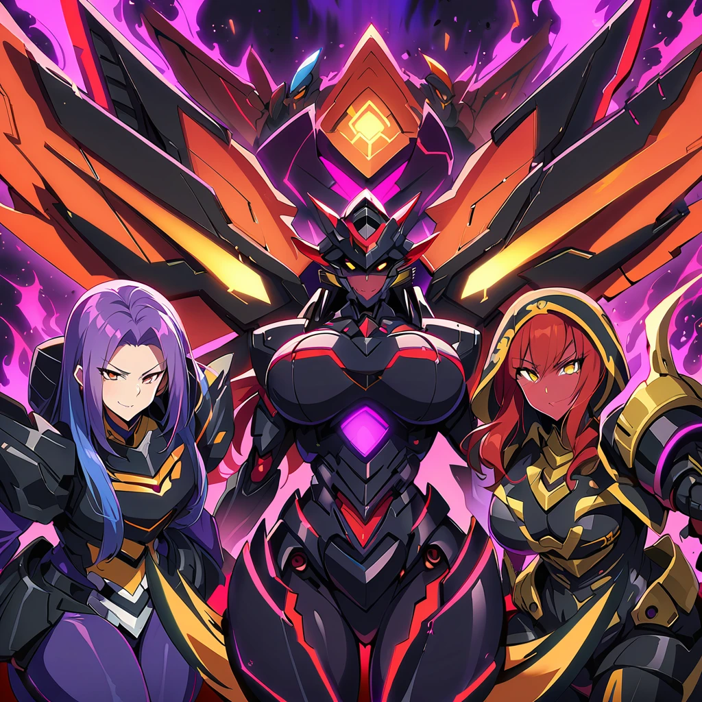 Anime, high detailed, multiple womans, mature womans, dark Ebony mecha armor, large mechanical wings, evil grin, large clawed Gauntlet, red skin, curvy body, long mechanical tail,black sclera、Colored sclera、crimson Colored skin、Yellow Eyes, elongated pupils,  Mature Woman、Black-purple aura、womans surrounding