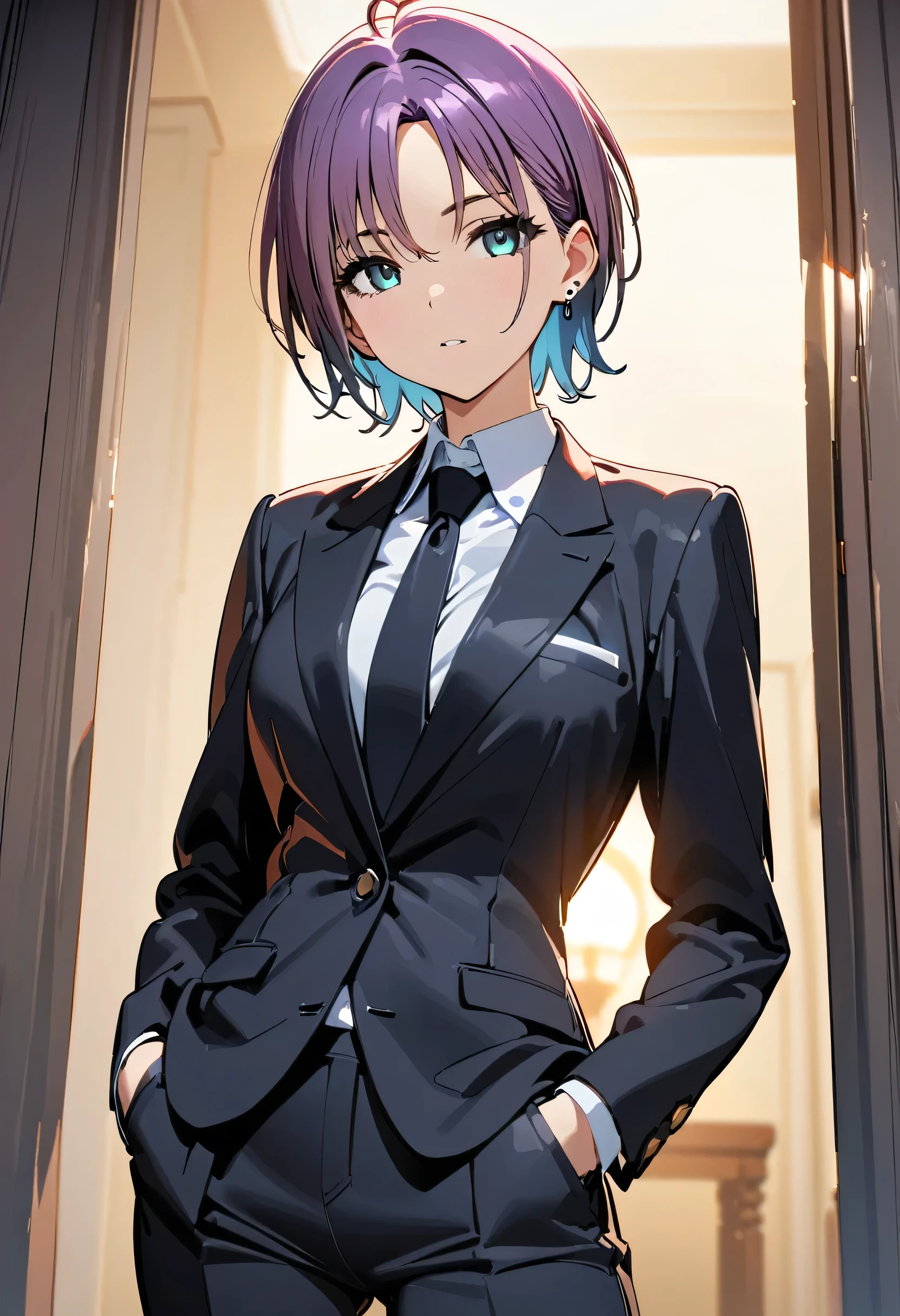 t_asakura, 1girl, (8k, best quality, masterpiece:1.2), (Tall, slim, with a body shape close to seven heads:1.3), (sharp focus:1.5), (Best Illumination:1.3), animation style, Brilliant skin, shiny skin, aqua eyes, purple hair, black necktie, earrings, formal, gloves, gradient hair, blue hair, jewelry, looking at viewer, necktie, shirt, solo, (black suit), (black, Chino Pants), Oxford shoes, multicolored hair, short hair, two-tone hair, (all body:1.3), simple background, grey background, simple background, black gloves, (white shirt), masterpiece, best quality, very aesthetic, absurdres, (hand in my pocket:1.3)