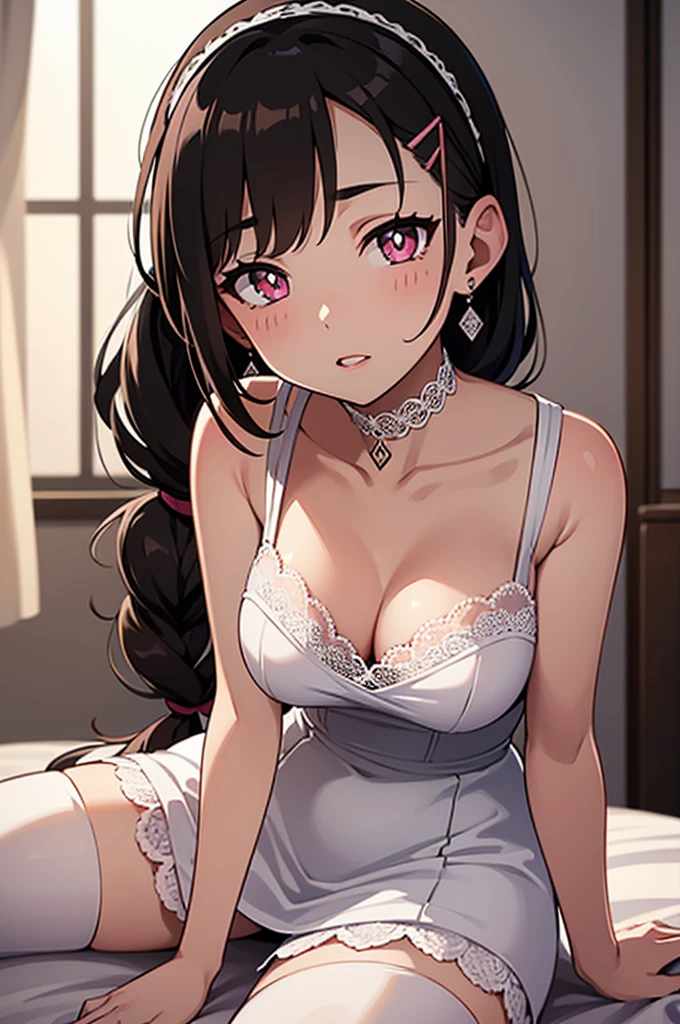 (best quality:1.1), (Masterpiece:1.2), hot lady, long hair, black hair, Hair bow, ถักเปีย, pink eyes, ((beautiful breasts:1.3)),  beautiful, cute, Bright face, Good mood, ((pajamas dress, open chest)), ((very wet 💦💦💦)), ปากอมชมพู, ยิ้ม, ((เขินอาย,หน้าแดงแป๊ด)) ((bedroom)), ((sfw)), ((เย้ายวน:1.5)), collarbone, ((Highest quality, Best Performance, Maximum details, Light and shadow details:1.2, 4k details))