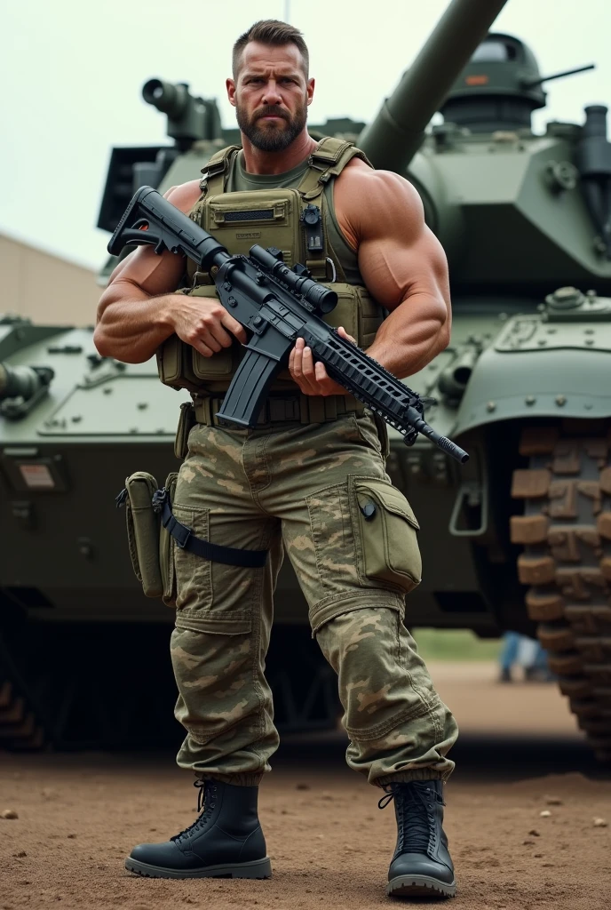 a muscular man in military outfit holding a rifle
