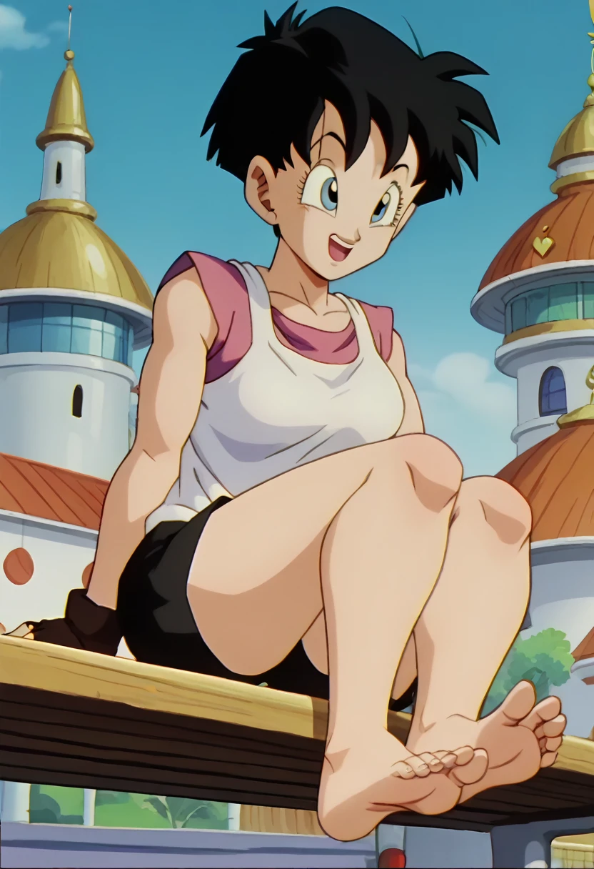 source_animé, puntaje_9, puntaje_8_arriba, puntaje_7_arriba, animé screencap,8k, absurdo res, Videl, 1 girl, solo, black hair, short hair, sleeveless dress, barefoot, soles, feet, toes, feet focus, sitting on bench, floor, building, outdoors, big breasts, wide hips, seductive smile, seductive look, blue eyes, thooty smile, open mouth, black shorts