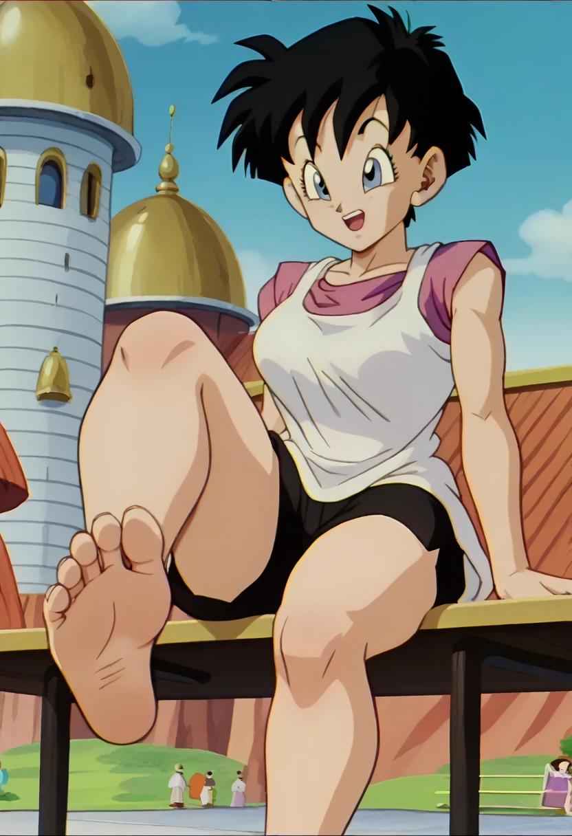 source_animé, puntaje_9, puntaje_8_arriba, puntaje_7_arriba, animé screencap,8k, absurdo res, Videl, 1 girl, solo, black hair, short hair, sleeveless dress, barefoot, soles, feet, toes, feet focus, sitting on bench, floor, building, outdoors, big breasts, wide hips, seductive smile, seductive look, blue eyes, thooty smile, open mouth, black shorts