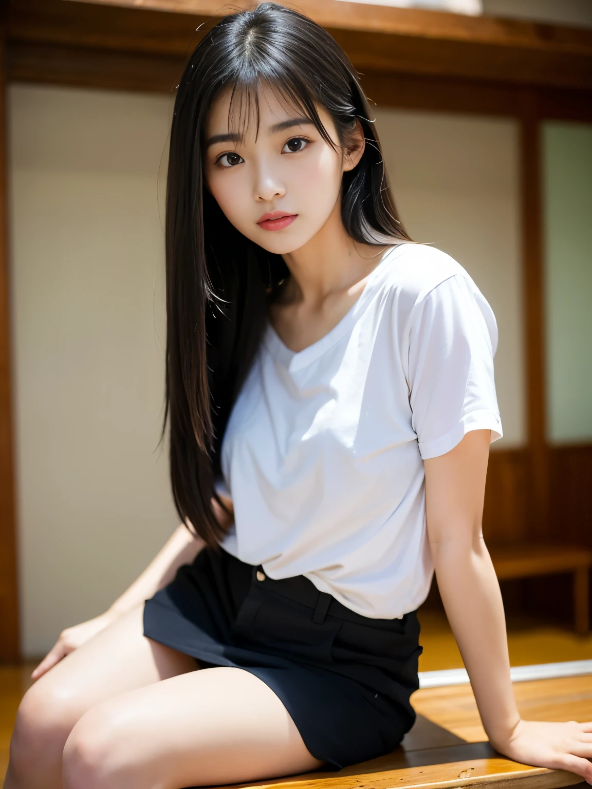 there is a young girl sitting on a chair in a room, girl with, Young Girl, a cute young girl, a cute Japanese girl, Chinese girl, Shot with Canon EOA 6 D Mark II, a photo of girl, still from live action movie, natta、Narrow basement without windows、No sunshine、Girl imprisoned by a man、small curvy loli, Realistic Young Gravure Idol, loli in dress, 11 year old girl in underwear、no-makeup、a baby face、Beautiful Japan Girl, Variety of hairstyles、(Photo Real:1.4)、taken with canon 5d mk4, taken with canon eos 5 d mark iv, ulzzangs, Shot with Canon EOA 6 D Mark II, Young Gravure Idol, Highly detailed facial and skin texture、 Detailed eye、二重まぶた、Restraints、It's dark and damp、Old bed、There is a girl in underwear sitting in the corner of the room, Variety of hairstyles、He frowns and looks like he's about to cry、feeling of despair、Opening Mouth、Letters on the wall、Soio、Narrow basement of stone、Face stained with tear marks、Soio、