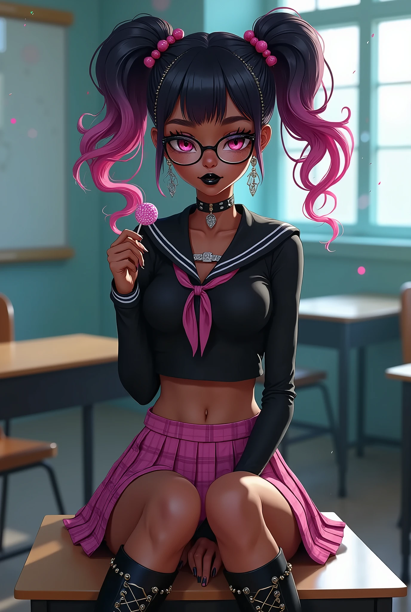 (masterpiece, highres, best quality:1.3), 8K, highly detailed, intricate, colorful, vibrant image, sharp focus, digital blending, 4K, trending on pixiv Ingrid, ((school uniform)), solo, mature female, 40yo, milf, curvy, (dark skinned female:1.15), dark skin, posing, classroom, table, chair, sitting, (expressionless:1.2), looking at viewer, cowboy shot, pink hair, very long hair, forehead, hair intakes, purple lipstick, makeup, mole under mouth, yellow eyes, perfect eyes, perfect face, ultra detailed hair, ultra detailed face, earrings, ultra detailed lips, large breasts, ultra detailed lipstick、Blushing、