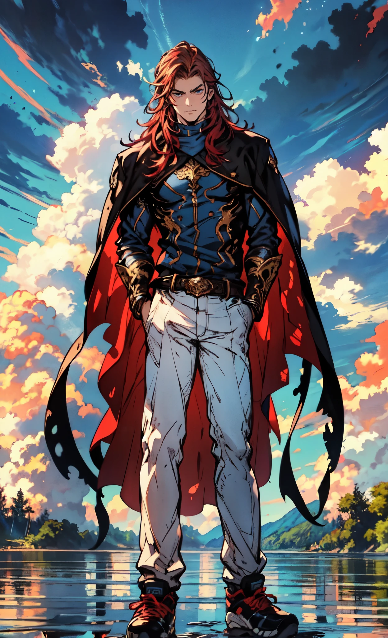 (masterpiece:1.2, best quality:1.2, extremely delicate:1.2), ((male:1.5)), a young man with long red hair, delicate face, gentle eyes, peaceful expression, fantasy-realism style outfit, a red and black short cape, a blue and white leather jacket, a belt, white pants, sneakers, his hands in his pockets, he strolls by a lakeside under dark cloudy skies, this character embodies a finely crafted fantasy-realism style Wise in anime style, exquisite and mature manga art style, dramatic, high definition, highres, ultra-detailed, ultra-fine painting, professional, perfect body proportions, golden ratio, anatomically correct, symmetrical face, extremely detailed eyes and face, high quality eyes, creativity, RAW photo, UHD, 32k, Natural light, cinematic lighting, (masterpiece-anatomy-perfect:1.2)