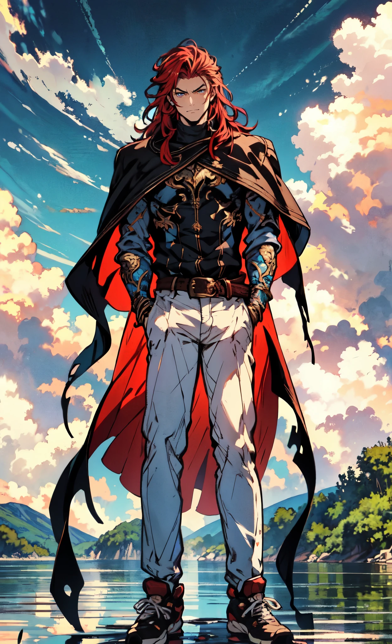 (masterpiece:1.2, best quality:1.2, extremely delicate:1.2), ((male:1.5)), a young man with long red hair, delicate face, gentle eyes, peaceful expression, fantasy-realism style outfit, a red and black short cape, a blue and white leather jacket, a belt, white pants, sneakers, his hands in his pockets, he strolls by a lakeside under dark cloudy skies, this character embodies a finely crafted fantasy-realism style Wise in anime style, exquisite and mature manga art style, dramatic, high definition, highres, ultra-detailed, ultra-fine painting, professional, perfect body proportions, golden ratio, anatomically correct, symmetrical face, extremely detailed eyes and face, high quality eyes, creativity, RAW photo, UHD, 32k, Natural light, cinematic lighting, (masterpiece-anatomy-perfect:1.2)