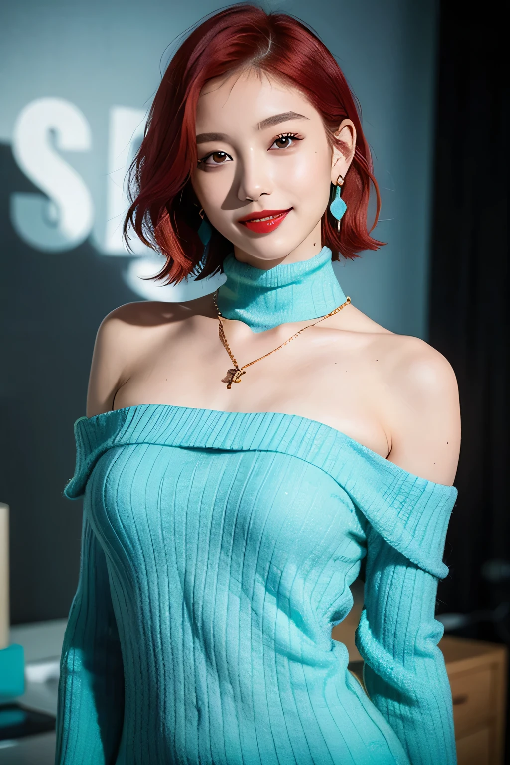(red lips:1.4), full body, (turtleneck cable knit oversize sweater dress:1.2), , 1girl,solo,
(8k, RAW photo, best quality, masterpiece:1.3),(realistic, photo-realistic:1.37),realistic skin texture,(photorealistic:1.3),(hyperrealistic:1.2), (short hair:1.4) , seducting pose, (cyan colored clothes:1.7), (red hair:1.7), (seducting smile:1.4), (detached sleeves:1.4), (cheek dimples:1.4), (narrow shoulders:1.7), earrings, golden necklace,