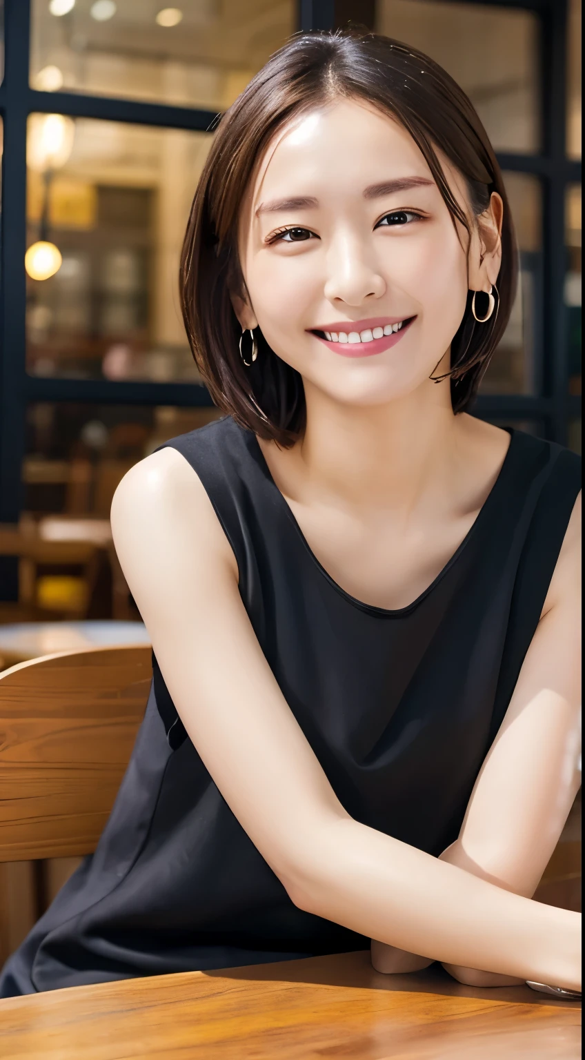(Open Cafe)、Earrings、Thin face、smile、Embarrassing、(Stylish summer clothes)、short hair、They hesitate,、Wet Hair, Underarm,, (High color saturation:1.0), (Very detailed肌), (Please redeem:1.0), (Ultra-high resolution:1.0) ,(Realistic:1.0), (Very detailed:1.0), (8k, RAW Photos:1.1)、Center of chest、Spread your legs、Yoshizuki Iori、(Front View)、Brown Hair、slender、、ponytail、Sit at a cafe