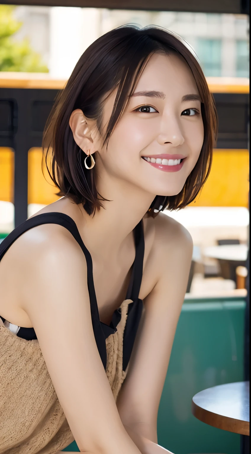 (Open Cafe)、Earrings、Thin face、smile、Embarrassing、(Stylish summer clothes)、short hair、They hesitate,、Wet Hair, Underarm,, (High color saturation:1.0), (Very detailed肌), (Please redeem:1.0), (Ultra-high resolution:1.0) ,(Realistic:1.0), (Very detailed:1.0), (8k, RAW Photos:1.1)、Center of chest、Spread your legs、Yoshizuki Iori、(Front View)、Brown Hair、slender、、ponytail、Sit at a cafe