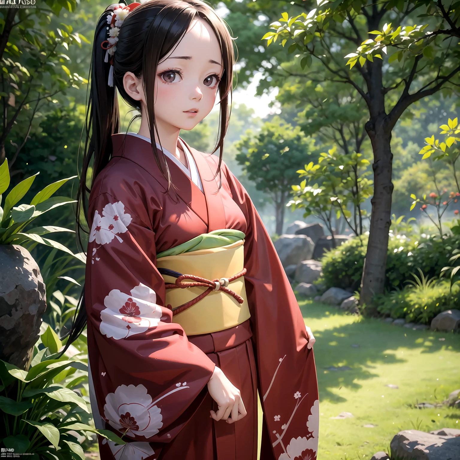Badashan, Kinomoto Sakura, 1 girl, looking at the audience, green eyes, long eyelashes, bamboo forest, steam, lake, cowboy lens, flower in the eyes,