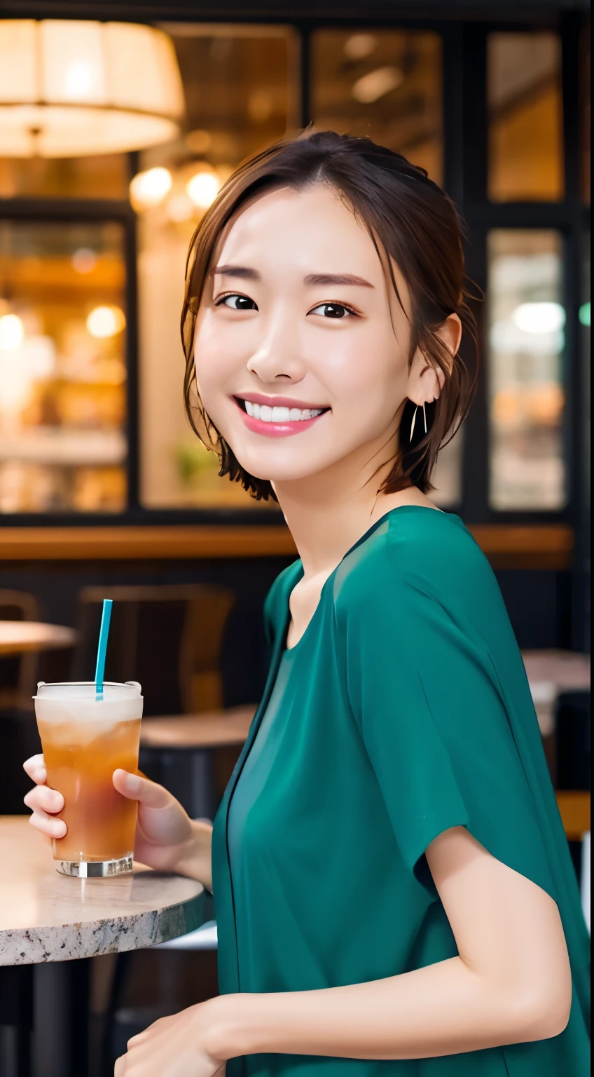 (Open Cafe)、Earrings、Thin face、smile、Embarrassing、(Stylish summer clothes)、short hair、They hesitate,、Wet Hair, Underarm,, (High color saturation:1.0), (Very detailed肌), (Please redeem:1.0), (Ultra-high resolution:1.0) ,(Realistic:1.0), (Very detailed:1.0), (8k, RAW Photos:1.1)、Center of chest、Spread your legs、Yoshizuki Iori、(Front View)、Brown Hair、slender、、ponytail、Sit at a cafe、Drink coffee
