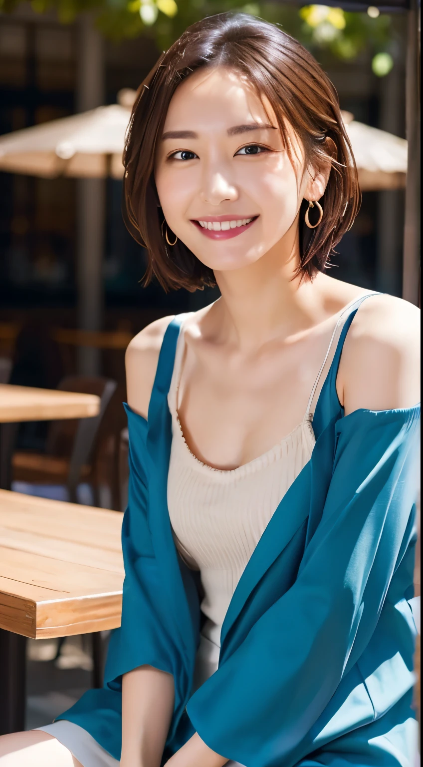  (Open Cafe)、Earrings、Thin face、smile、Embarrassing、(Stylish summer clothes)、short hair、They hesitate,、Wet Hair,  Underarm,, (High color saturation:1.0),  (Very detailed肌), (Please redeem:1.0), (Ultra-high resolution:1.0) ,(Realistic:1.0), (Very detailed:1.0), (8k, RAW Photos:1.1)、Center of chest、Spread your legs、Yoshizuki Iori、(Front View)、Brown Hair、slender、、ponytail、Sit at a cafe