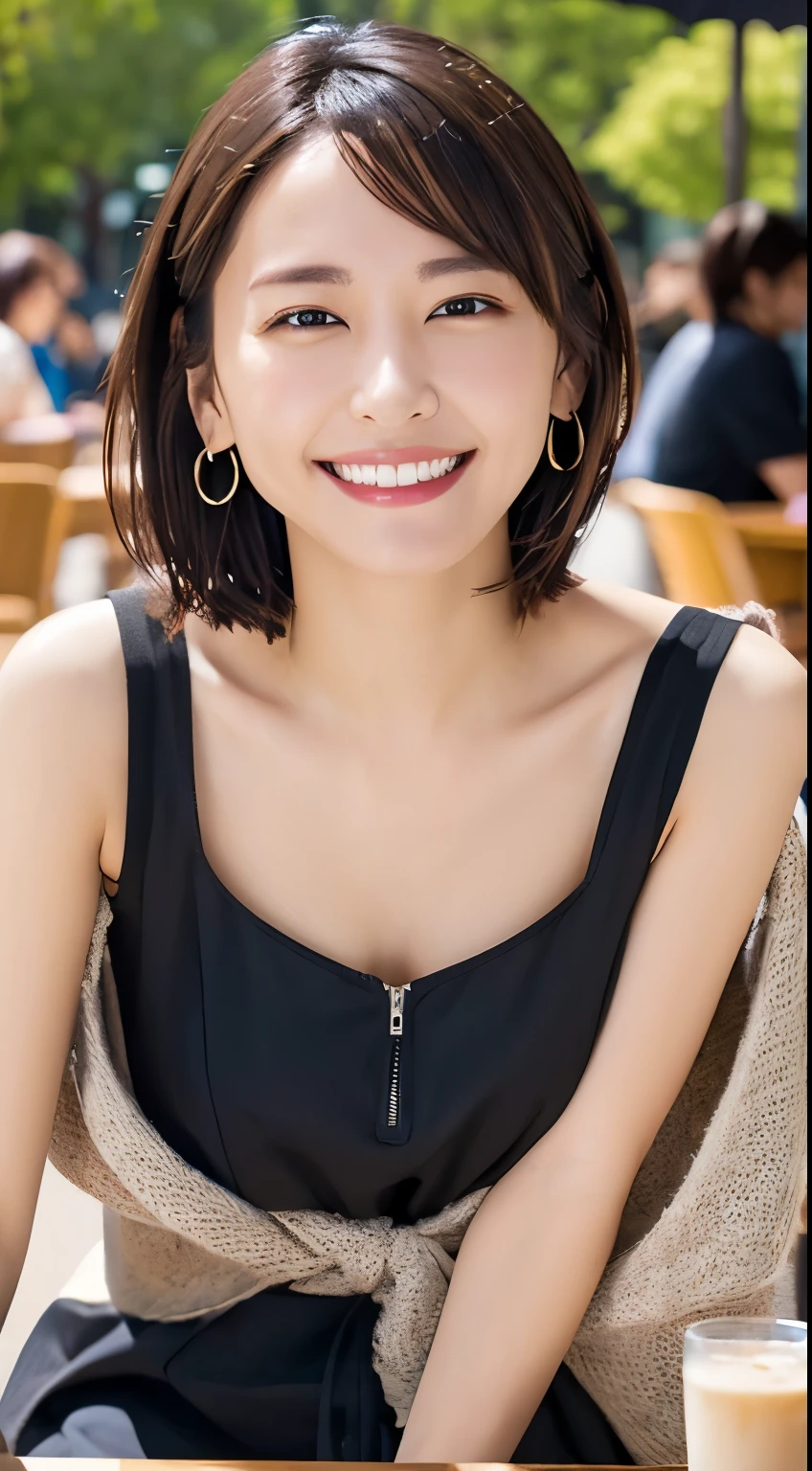  (Open Cafe)、Earrings、Thin face、smile、Embarrassing、(Stylish summer clothes)、short hair、They hesitate,、Wet Hair,  Underarm,, (High color saturation:1.0),  (Very detailed肌), (Please redeem:1.0), (Ultra-high resolution:1.0) ,(Realistic:1.0), (Very detailed:1.0), (8k, RAW Photos:1.1)、Center of chest、Spread your legs、Yoshizuki Iori、(Front View)、Brown Hair、slender、、ponytail、Sit at a cafe、Drink coffee