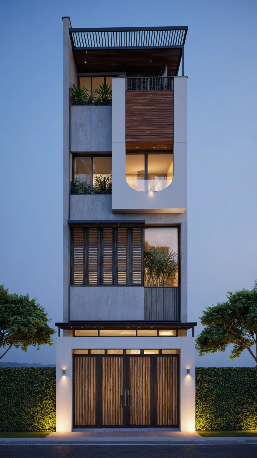 [Three-story narrow-lot house at night, modern design, calm and inviting mood], black xingfa door and main door, (curved arch:1.2), (curved wall:1.2), 2nd floor facade window louver wooden slats open vertically, Architectural visualization, [Exterior night shot, slightly low angle, soft warm exterior lighting, lighting visible through windows, (white wall:1.3) front mix gray, front door  4 slide wooden with metal , real textures contrasted, tree around, luxurious,chiaroscuro lighting,dramatic shadows, (design spotlight for townhouse in night) , irons frame roof top, design reverse light for main door for townhouse in night), (architectural design visualization), (chao vantage software visualization render),((reality environment)), (2-way lighting design on the fence and main wall of the house), warm led lighting 3800k, main door of house with iron frame between two wooden panels, ambient light at dusk dissolves morning and evening, 8k uhd, dslr, soft lighting, film grain, Fujifilm XT3, {Best Quality|Masterpiece|best illustration|Photorealism archdaily|award winning design|photorealistic|extreme detail|Stunning|photographic render|High-fidelity|vray render|Eye-catching|Sharp edge render}, Each keyword suggestion appears in bold, eye-catching typography, radiating creativity and innovation. Terms like "high-resolution," "dynamic range," and "anti-aliasing" float like colorful bubbles, some shimmering with a subtle gradient of colors that evoke a sense of clarity and precision