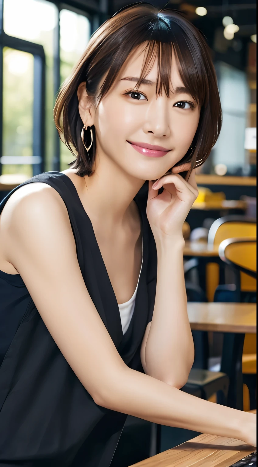  (Open Cafe)、Earrings、(Stylish summer clothes)、short hair、They hesitate,、Wet Hair,  Underarm,, (High color saturation:1.0),  (Very detailed肌), (Please redeem:1.0), (Ultra-high resolution:1.0) ,(Realistic:1.0), (Very detailed:1.0), (8k, RAW Photos:1.1)、Center of chest、Spread your legs、Yoshizuki Iori、(Front View)、Brown Hair、slender、、ponytail、Sit at a cafe、Operate a computer