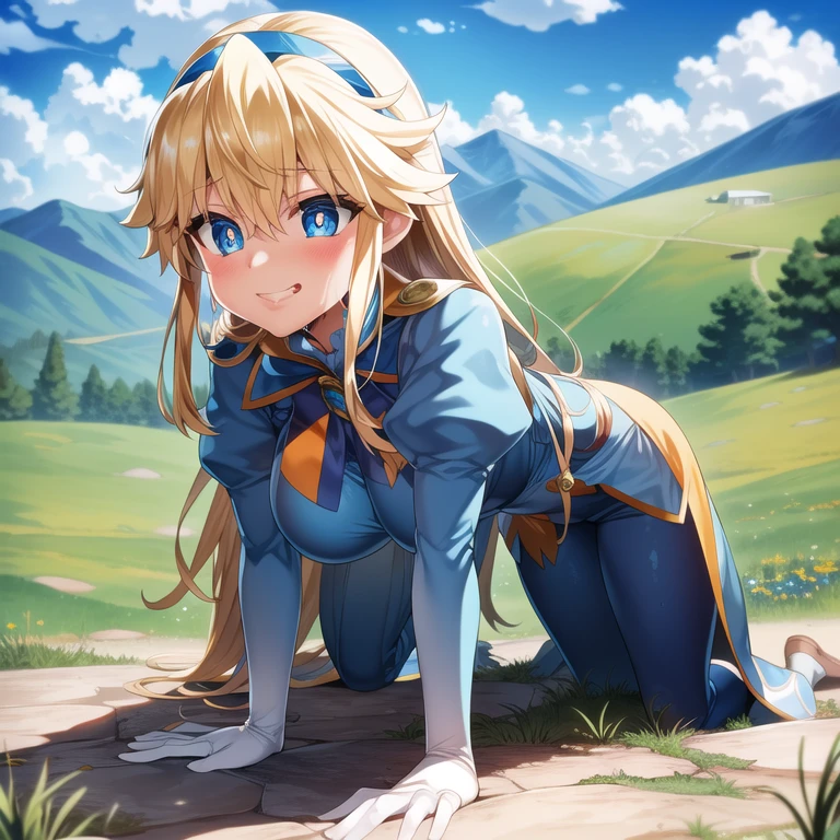 (hyper extreme detailed), (masterpiece), (hyper extreme), (photorealistic), CG, (colour:1.2), solo, cowboy shot, looking at view, 1girl, Clarissa Awin, hairband, low-tied long hair, shiny hair, blue eyes, shiny eyes, (open mouth:1.3), (collar:1.3), (big breasts:1.1), white ascot, blue cape, blue and orange coat, puffy sleeves, white gloves, blue pants, (crawl on all fours:1.3), (lie face down:1.1), (grin, blue sky, trail, hillside, countryside, clouds:1.3), nsfw, (heart-shaped pupils:1.2), (tongue out:1.2), (vulgarity:1.3), (fucked silly:1.3), (steam:0.7), (wet:0.7), (trembling:1.2), (trembling effect:1.3), (drooling:1.1), sweat