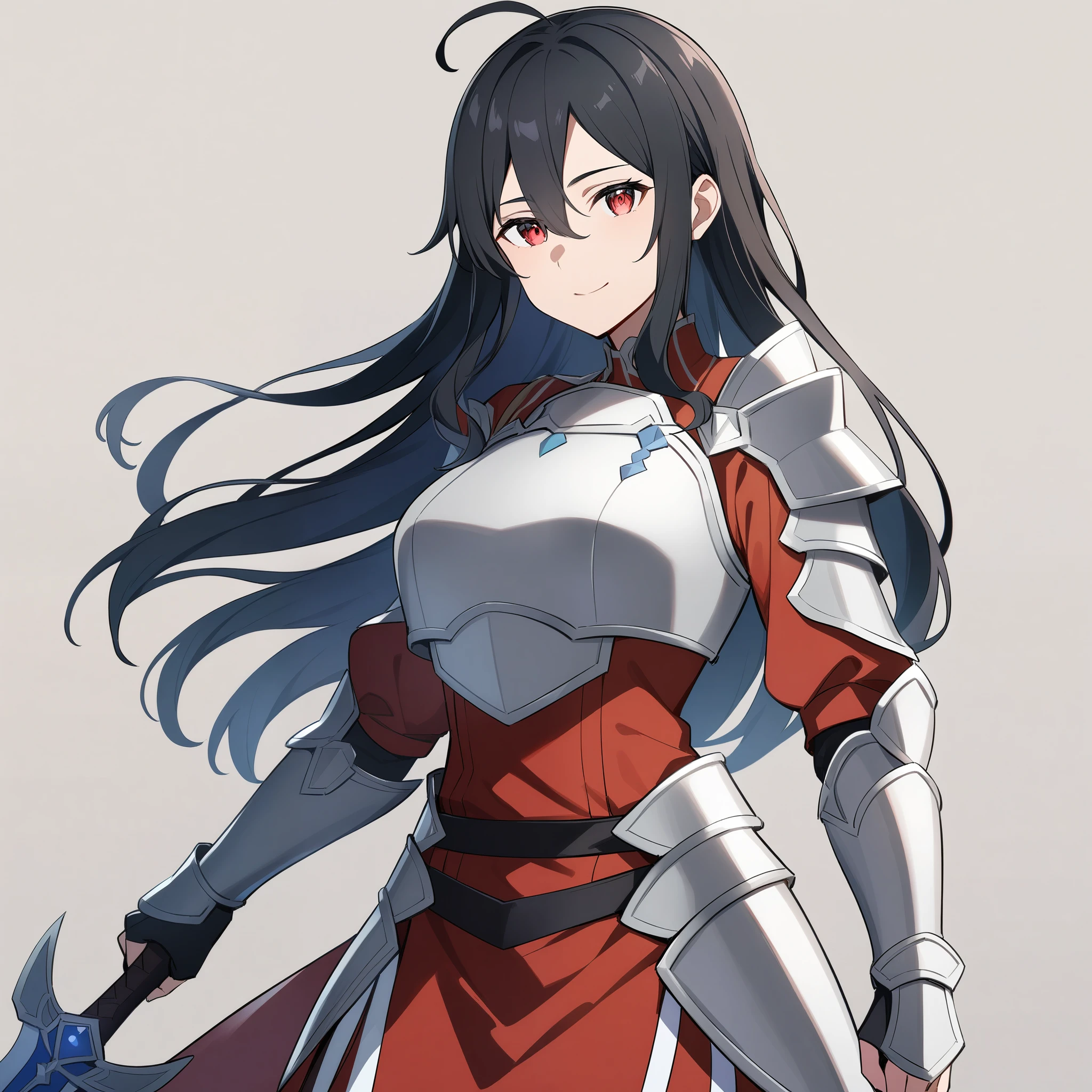 (high-quality, breathtaking),(expressive eyes, perfect face) 1girl, female, solo, Sword Art Online, mature, half open eyes, Alicization, Symmetrical Eyes, simple background, gentle smile, long hair, fantasy outfit, SAO inspired, armor, chest plate, sword art online outfit, cowboy shot, medium full shot, black hair, bangs, alluring red eyes, large breasts, knight, Armored Boots, Thigh-high Heeled Boots, Armored Gauntlets, battle Skirt, black white and red palette, hair between eyes, fluffy wavy hair, half open eyes, hair over one eye, small Ahoge
