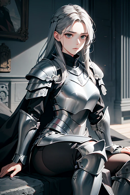 knee shot,female, gray hair, gray eyes, medium-length hair, pull plate armor, 170 cm, A quiet woman, Expressionless, Chic, tough, Attention!, frontal