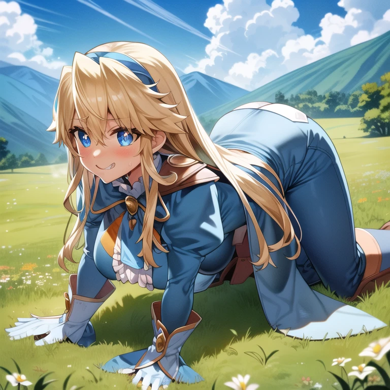 (hyper extreme detailed), (masterpiece), (hyper extreme), (photorealistic), CG, (colour:1.2), solo, cowboy shot, looking at view, 1girl, Clarissa Awin, hairband, low-tied long hair, shiny hair, blue eyes, shiny eyes, (open mouth:1.3), (collar:1.3), (big breasts:1.1), white ascot, blue cape, blue and orange coat, puffy sleeves, white gloves, blue pants, (crawl on all fours:1.3), (lie face down:1.1), (grin, blue sky, trail, hillside, countryside, clouds:1.3), nsfw, (heart-shaped pupils:1.2), (tongue out:1.2), (vulgarity:1.3), (fucked silly:1.3), (steam:0.7), (wet:0.7), (trembling:1.2), (trembling effect:1.3), (drooling:1.1), sweat