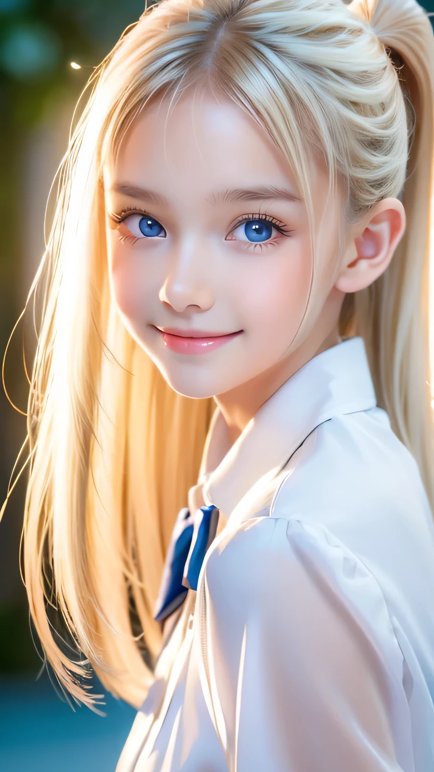 Portrait、School uniform、Bright expression、ponytail、Young shiny glossy white glossy skin、The best baby face looks、Blonde reflection、Platinum blonde hair with highlights、Shiny bright hair,、Smooth, super long, straight hair、Shiny, beautiful bangs、Sparkling, crystal clear, attractive, large, incredibly bright light blue eyes、Very beautiful, lovely and cute girl、Ample Bust