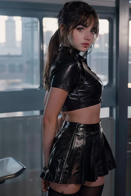 Front angle cute  teen  beautiful schoolgirl , beautiful cute teen face Ana de Armas ,   short black  leather skater  pinafore dress, white blouse short sleeves, brunet long hair. stockings, standing in library, photorealistic