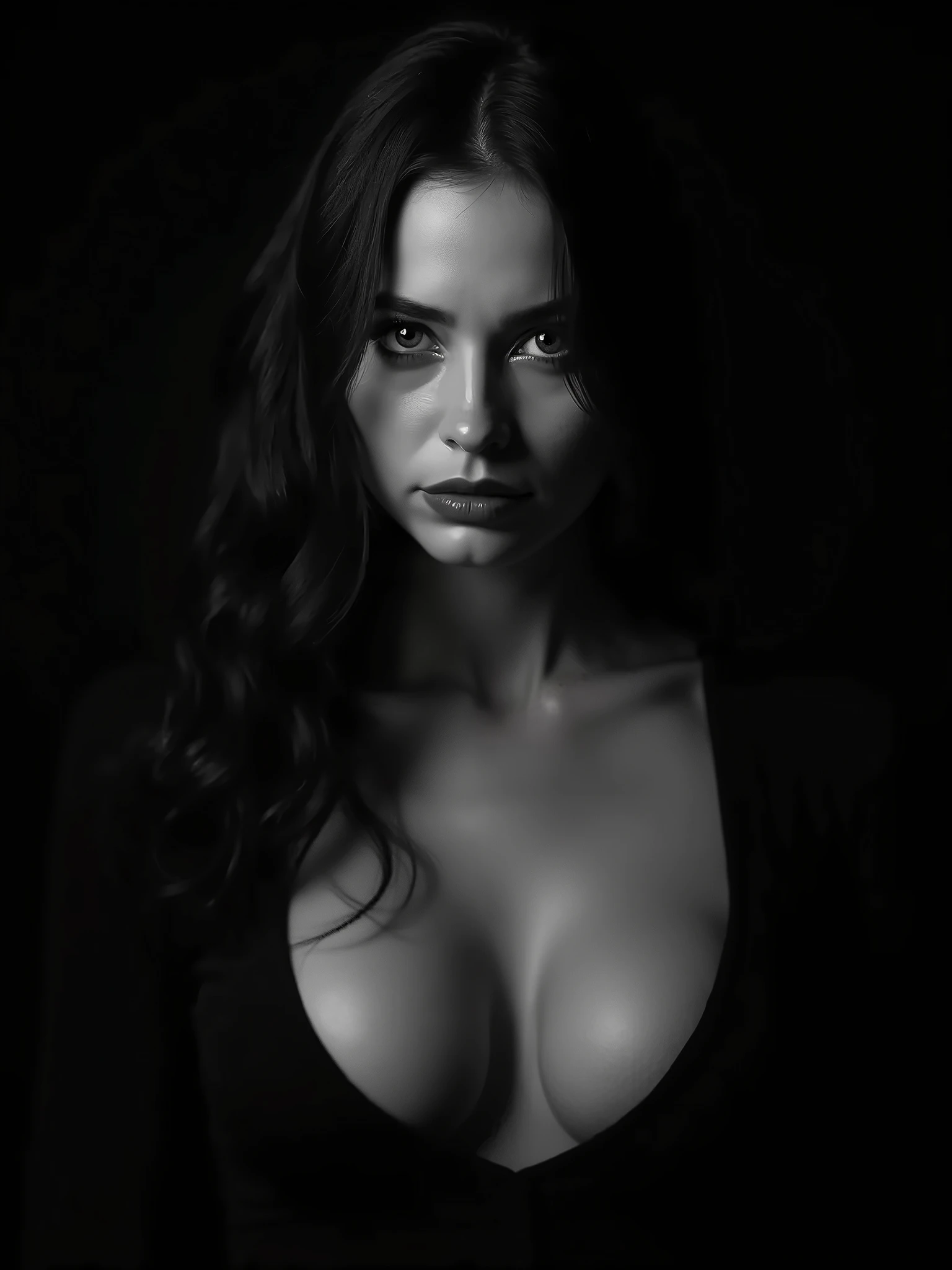 1977, Janet Lupo, highly detailed, naked, Seductive Erotic Woman,  very Busty ( cheveux noirs long ), centered on the face, focused face, yeux sexy teasy , ultra realist , Plan at scale, luz, bas de nylon, talons hauts, sourire, taquine, award-winning photo,