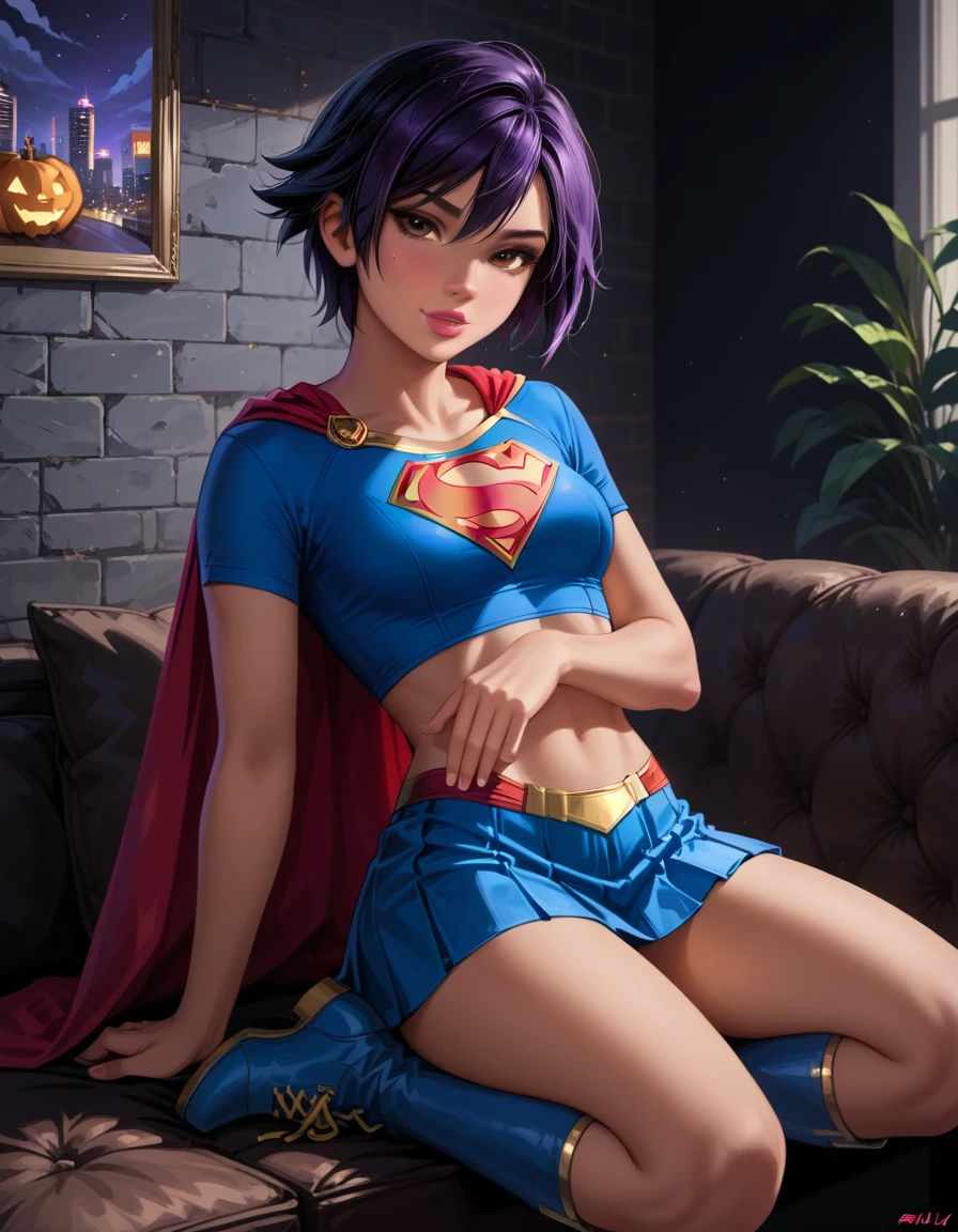 score_9, score_8_up, score_7_up, 1girl, solo, very sexy (gogotomago, short hair, black hair, brown eyes, purple hair:1.4), wearing (Supergirl costume, short skirt, short sleeves, Supergirl emblem, short cape, boots, detailed:1.5), confident, flirt, gaze, sexy look, cute smile, head tilt, filled lips, thick lips, sitting on large sofa, in the living room, model pose, glamorous, elegant, beautiful modern apartment, city living, (Halloween theme:1.3), night, dark, dimly lit, expressiveh d4rk01l, perfect hands, perfect proportions.