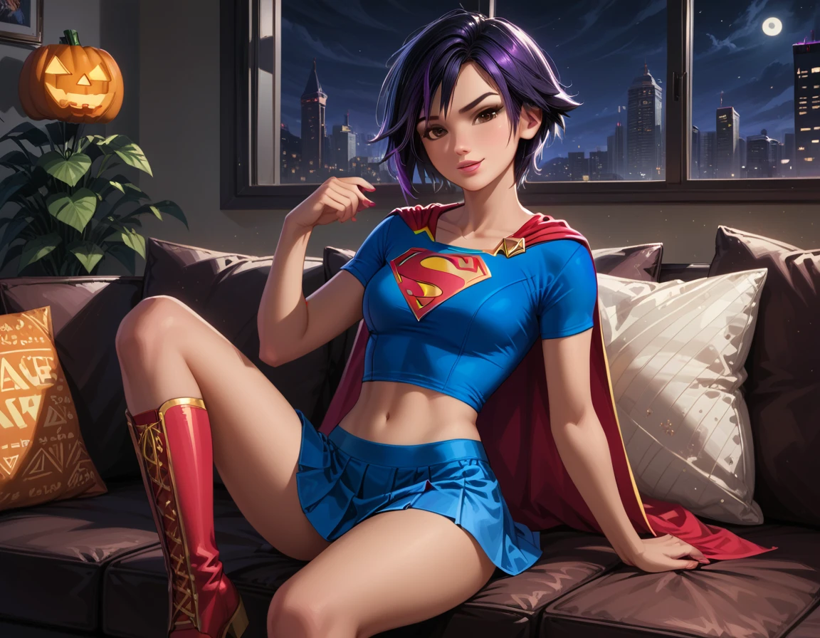 score_9, score_8_up, score_7_up, 1girl, solo, very sexy (gogotomago, short hair, black hair, brown eyes, purple hair:1.4), wearing (Supergirl costume, short skirt, short sleeves, Supergirl emblem, short cape, boots, detailed:1.5), confident, flirt, gaze, sexy look, cute smile, head tilt, filled lips, thick lips, sitting on large sofa, in the living room, model pose, glamorous, elegant, beautiful modern apartment, city living, (Halloween theme:1.3), night, dark, dimly lit, expressiveh d4rk01l, perfect hands, perfect proportions.