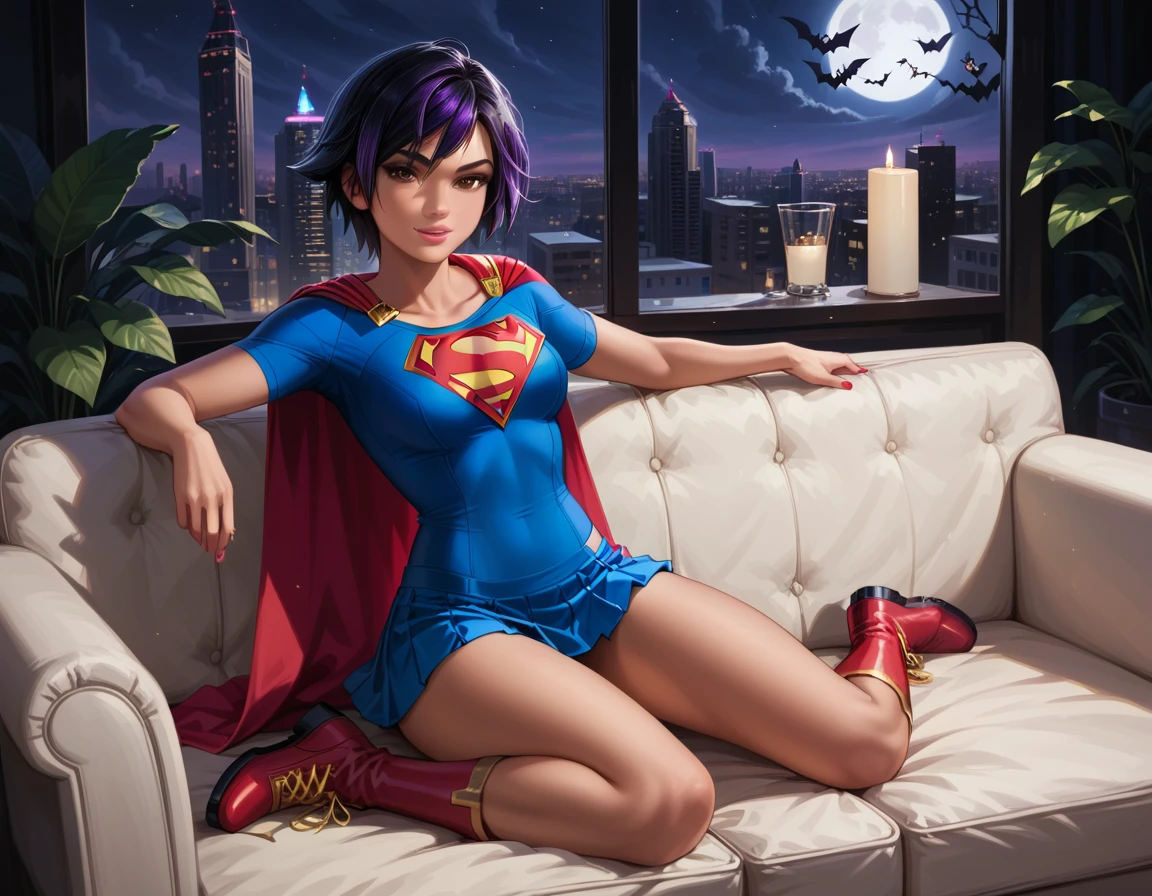 score_9, score_8_up, score_7_up, 1girl, solo, very sexy (gogotomago, short hair, black hair, brown eyes, purple hair:1.4), wearing (Supergirl costume, short skirt, short sleeves, Supergirl emblem, short cape, boots, detailed:1.5), confident, flirt, gaze, sexy look, cute smile, head tilt, filled lips, thick lips, sitting on large sofa, in the living room, model pose, glamorous, elegant, beautiful modern apartment, city living, (Halloween theme:1.3), night, dark, dimly lit, expressiveh d4rk01l, perfect hands, perfect proportions.