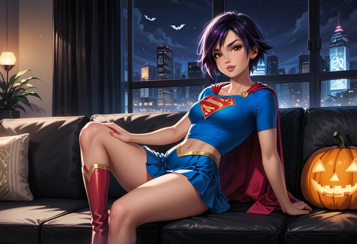 score_9, score_8_up, score_7_up, 1girl, solo, very sexy (gogotomago, short hair, black hair, brown eyes, purple hair:1.4), wearing (Supergirl costume, short skirt, short sleeves, Supergirl emblem, short cape, boots, detailed:1.5), confident, flirt, gaze, sexy look, cute smile, head tilt, filled lips, thick lips, sitting on large sofa, in the living room, model pose, glamorous, elegant, beautiful modern apartment, city living, (Halloween theme:1.3), night, dark, dimly lit, expressiveh d4rk01l, perfect hands, perfect proportions.