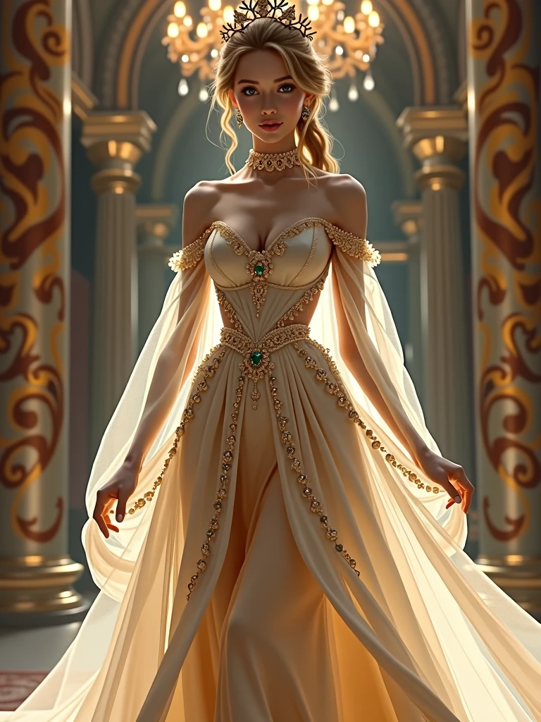 a highly detailed digital art, a lavish royal elven court, a beautiful woman with long flowing hair,intricate elven architecture, ornate golden throne, glowing crystals, lush greenery, sunlight streaming through stained glass windows,elegant feminine figure sitting on throne, ethereal magical atmosphere, vibrant colors, cinematic lighting, photorealistic, (best quality,8k,highres,masterpiece:1.2),ultra-detailed,(realistic,photorealistic,photo-realistic:1.37),fantasy,concept art
