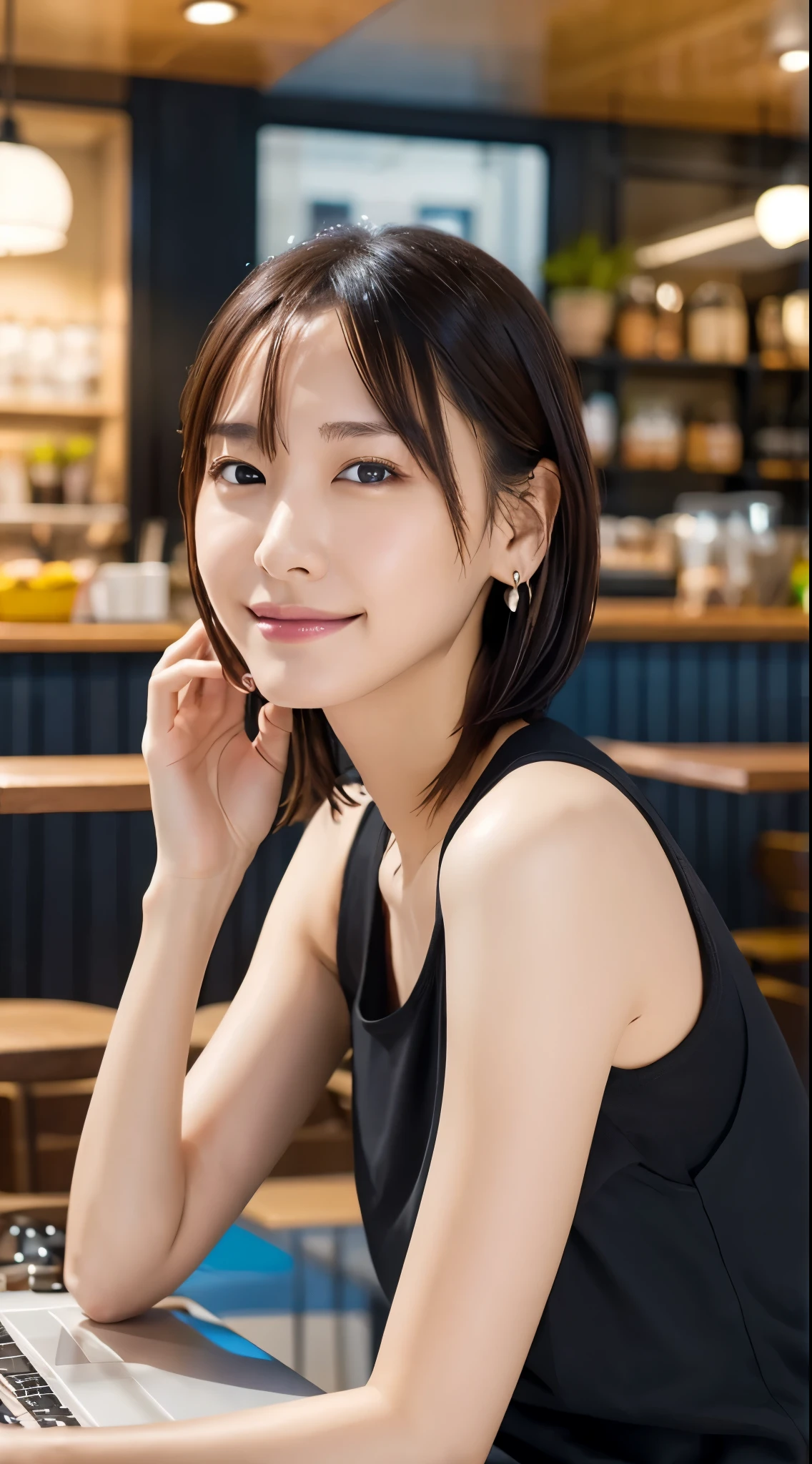  (Open Cafe)、Earrings、(Stylish summer clothes)、short hair、They hesitate,、Wet Hair,  Underarm,, (High color saturation:1.0),  (Very detailed肌), (Please redeem:1.0), (Ultra-high resolution:1.0) ,(Realistic:1.0), (Very detailed:1.0), (8k, RAW Photos:1.1)、Center of chest、Spread your legs、Yoshizuki Iori、(Front View)、Brown Hair、slender、、ponytail、Sit at a cafe、Operate a computer