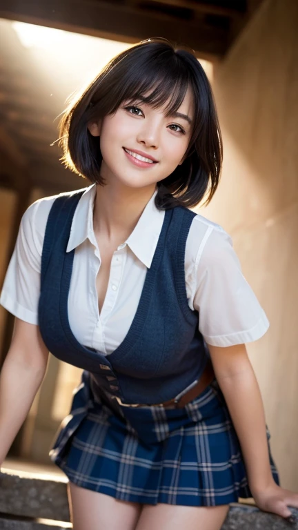 (Best Quality,masterpiece:1.3,Ultra-high resolution),(Very detailed,Caustics,8k),(Realistic:1.4,RAW shooting),1 person,(Smiling and looking down at the camera),(Front shot:1.1),(look forward to),1,cute,Japanese,Short black bob cut,School Uniform,glamorous,(Big Breasts),( close),(((Bust Emphasis))),street,sunlight,Natural Light,(Backlight),(A bright light shines from behind),(Lens Flare),Professional Writing,(Cowboy Shot),(Low position:1.3),(Low Angle:1.3)whole body