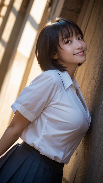 (Best Quality,masterpiece:1.3,Ultra-high resolution),(Very detailed,Caustics,8k),(Realistic:1.4,RAW shooting),1 person,(Smiling and looking down at the camera),(Front shot:1.1),(look forward to),1,cute,Japanese,Short black bob cut,School Uniform,glamorous,(Big Breasts),( close),(((Bust Emphasis))),street,sunlight,Natural Light,(Backlight),(A bright light shines from behind),(Lens Flare),Professional Writing,(Cowboy Shot),(Low position:1.3),(Low Angle:1.3)whole body