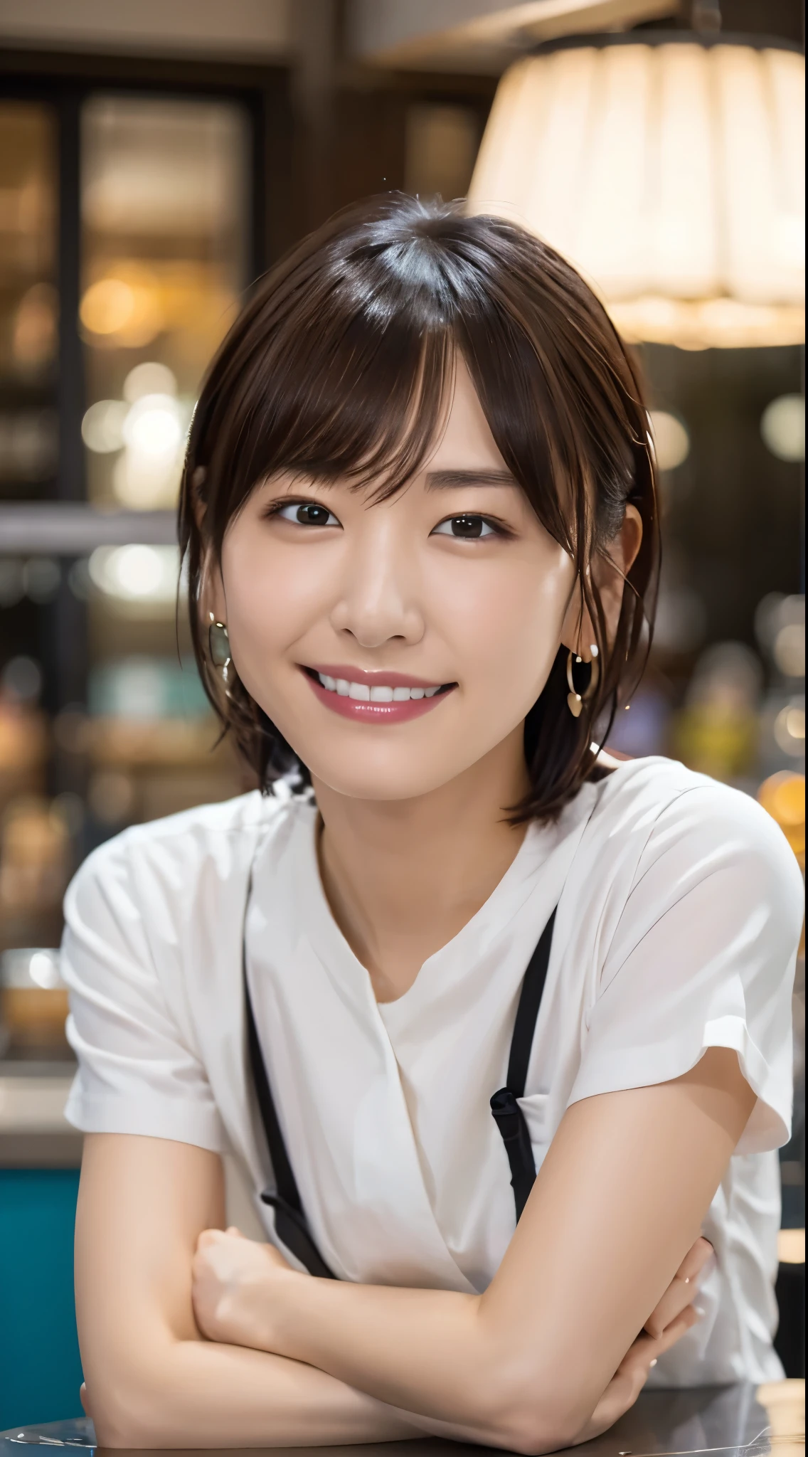 (Open Cafe、Cafe staff)、Earrings、(Cafe uniform)、short hair、They hesitate,、Wet Hair, Underarm,, (High color saturation:1.0), (Very detailed肌), (Please redeem:1.0), (Ultra-high resolution:1.0) ,(Realistic:1.0), (Very detailed:1.0), (8k, RAW Photos:1.1)、Center of chest、Spread your legs、Yoshizuki Iori、(Front View)、Brown Hair、slender、、ponytail、Serving customers