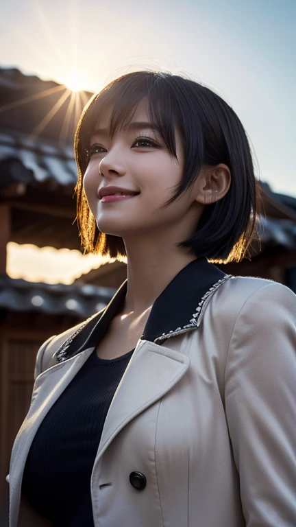 (Best Quality,masterpiece:1.3,Ultra-high resolution),(Very detailed,Caustics,8k),(Realistic:1.4,RAW shooting),1 person,(Smiling and looking down at the camera),(Front shot:1.1),(look forward to),1,cute,Japanese,Short black bob cut,School Uniform,glamorous,(Big Breasts),( close),(((Bust Emphasis))),street,sunlight,Natural Light,(Backlight),(A bright light shines from behind),(Lens Flare),Professional Writing,(Cowboy Shot),(Low position:1.3),(Low Angle:1.3)whole body