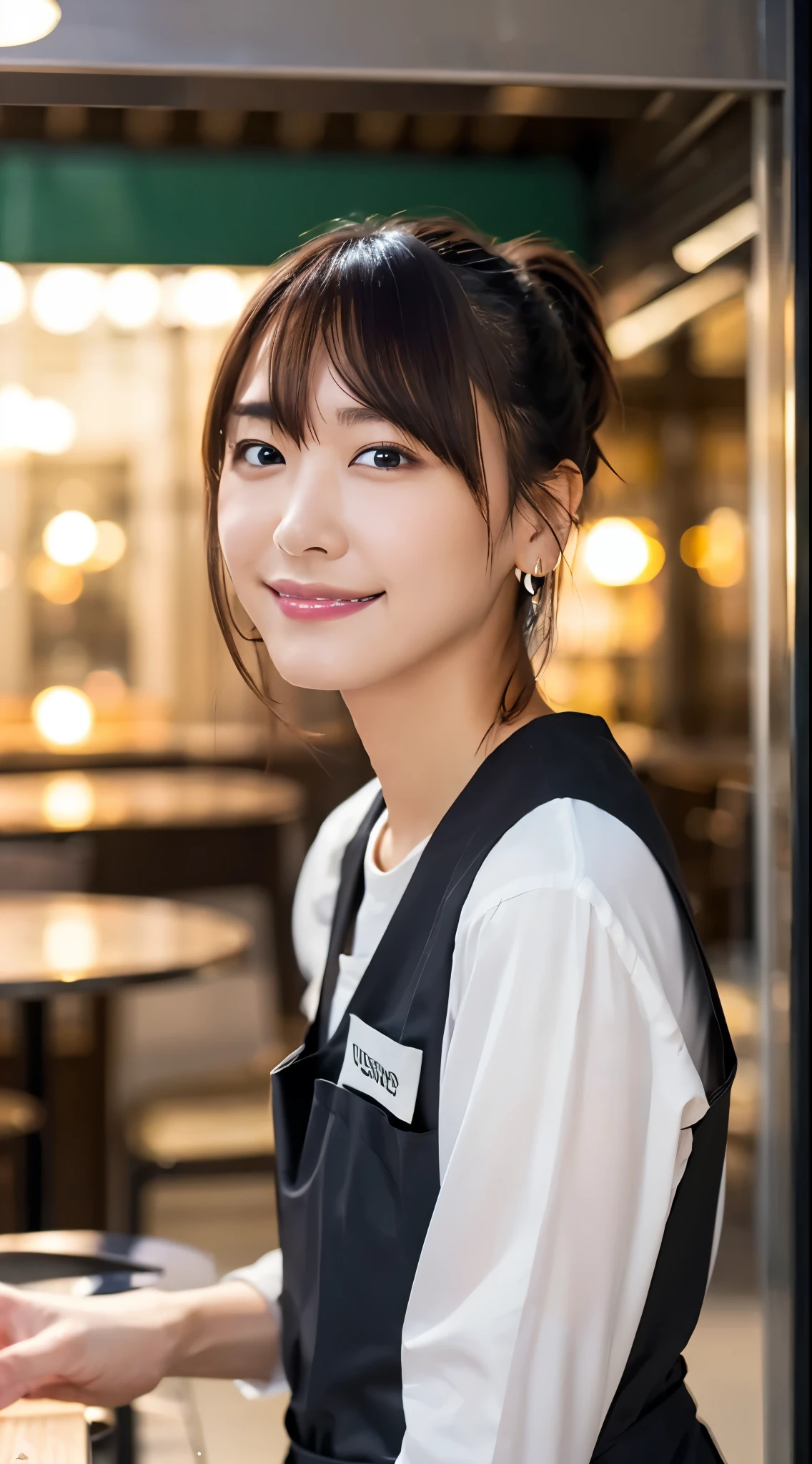 (Open Cafe、Cafe staff)、Earrings、(Cafe uniform)、short hair、They hesitate,、Wet Hair, Underarm,, (High color saturation:1.0), (Very detailed肌), (Please redeem:1.0), (Ultra-high resolution:1.0) ,(Realistic:1.0), (Very detailed:1.0), (8k, RAW Photos:1.1)、Center of chest、Spread your legs、Yoshizuki Iori、(Front View)、Brown Hair、slender、、ponytail、Serving customers