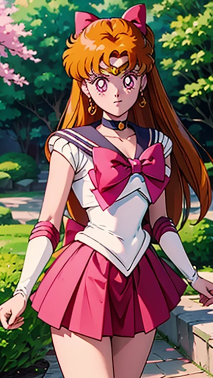 (1girl, Alone, Blossom), (extremely detailed CG unit 8k wallpaper),(master part), (best quality), (ultra detail), (best illustration),(Sailor Moon (1992 Anime) (Style)), cowboy shot, (Sharp eyeliner, ombre, detailed eyes:1), japanese garden, outdoors background, ,break,  (sailor senshi uniform), upper body, orange hair,long hair, blunt bangs, pink eyes, hair bow, red bow, red skirt